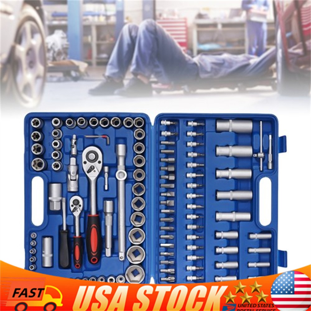 Ratchet Wrench Mechanics Tools Kit Metric 1/4 And 1/2 Drive Socket Set 108Pcs