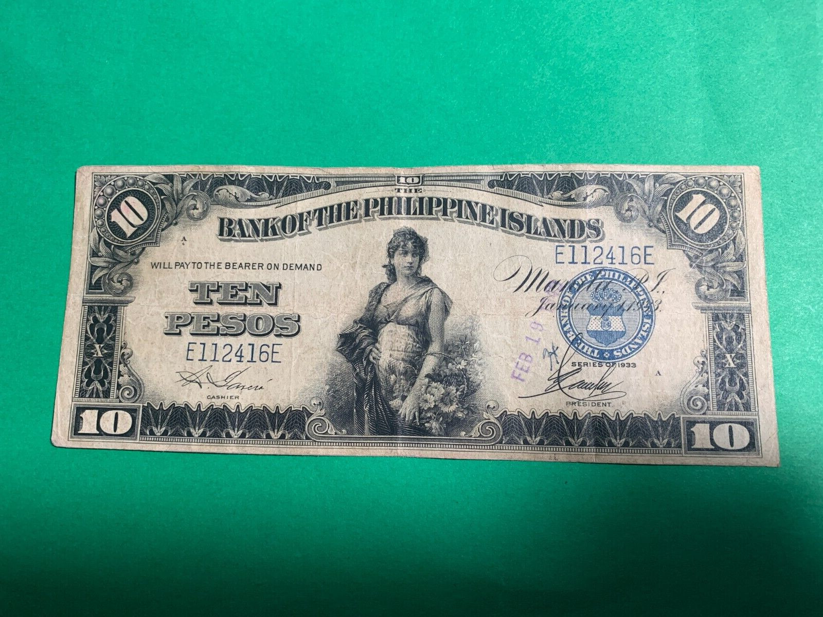 1933 10 PESO BANK OF PHILIPPINES ISLANDS P-23 E112416E