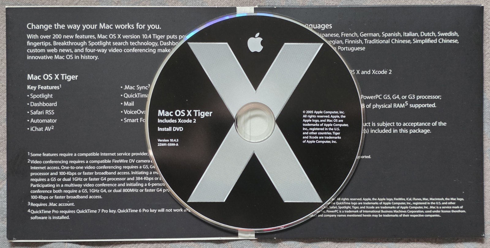 Apple Mac OS X Tiger 10.4.3 Retail Install DVD PowerPC 2Z691-5599-A Sleeve