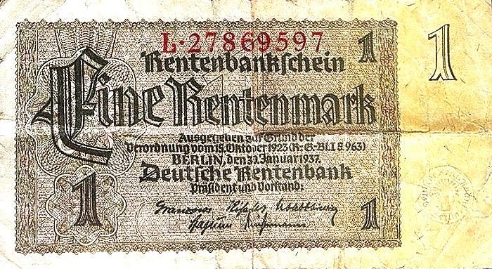GERMANY DEUTSCHES REICH 1 Rentenmark bank note VF 1937 Pick #173b