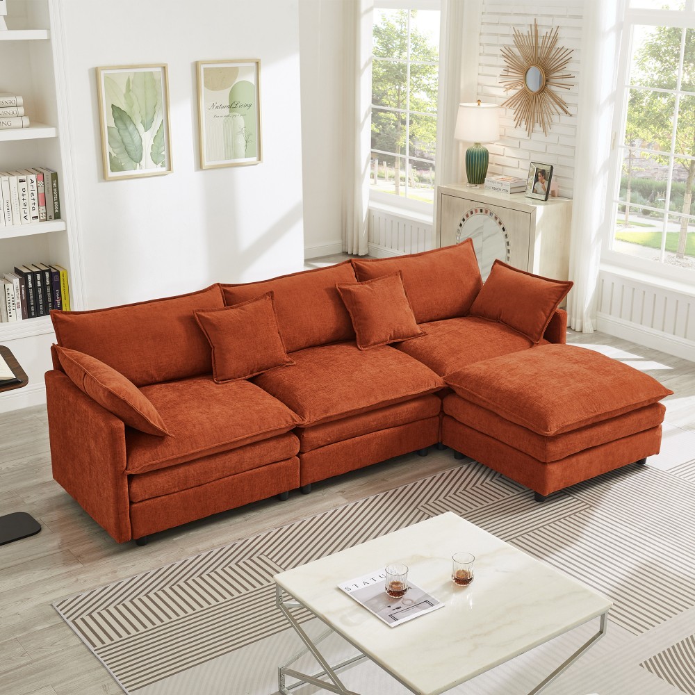 Chenille Sectional Sofa, L-Shaped 3-Seater Modular Couch w/ Ottoman, Dark Orange