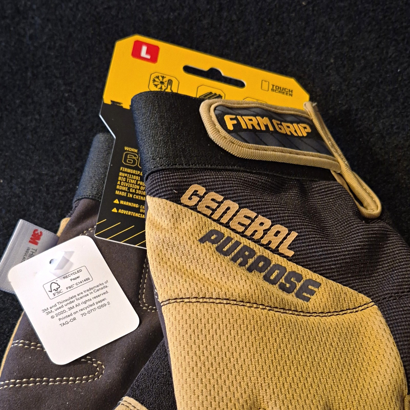 Firm Grip Large Touchscreen Work Gloves, Black/Tan (2)