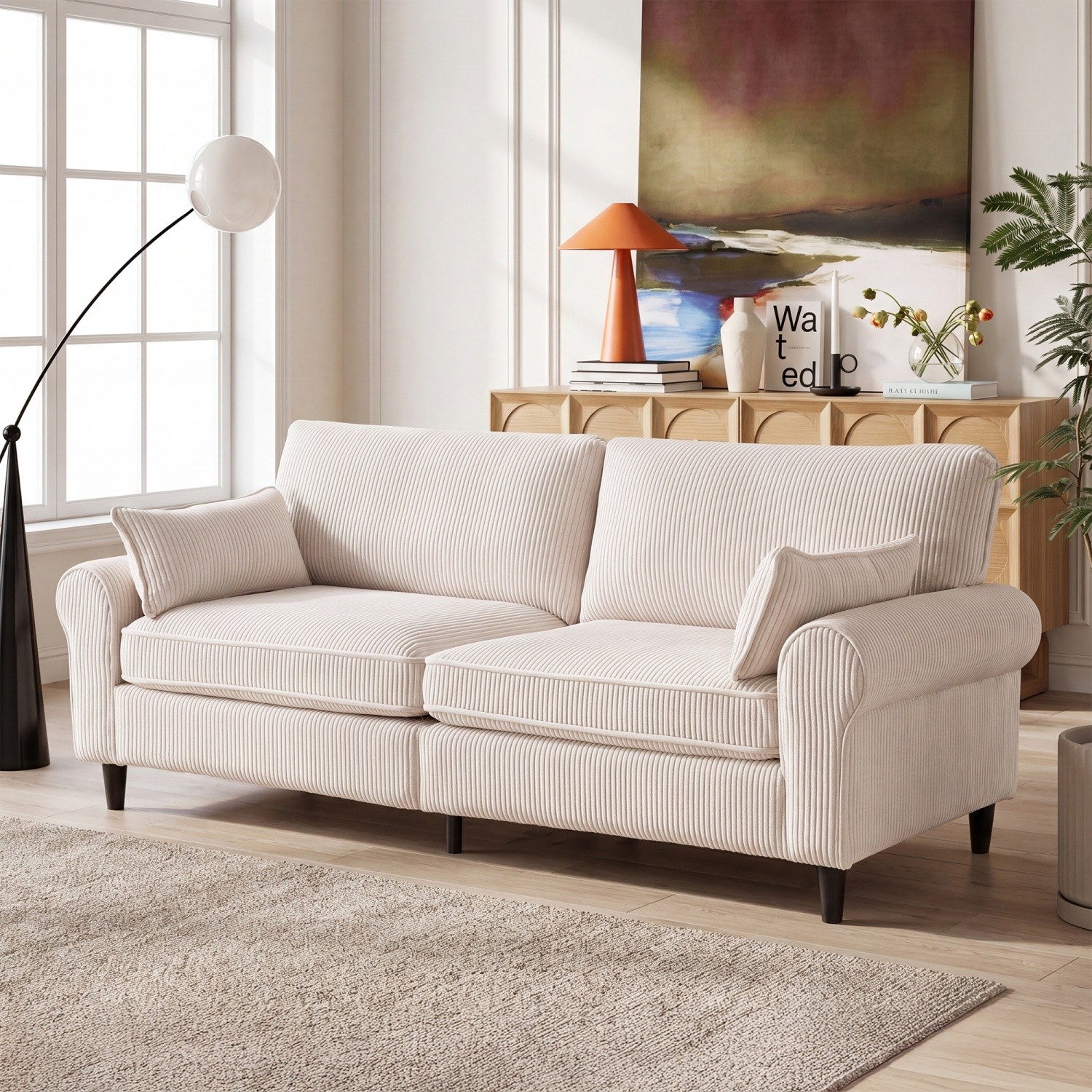 80.7" Loveseat Sofa Corduroy 2-Seater Couch Iron & Wood Frame w/ Rolled Armrests