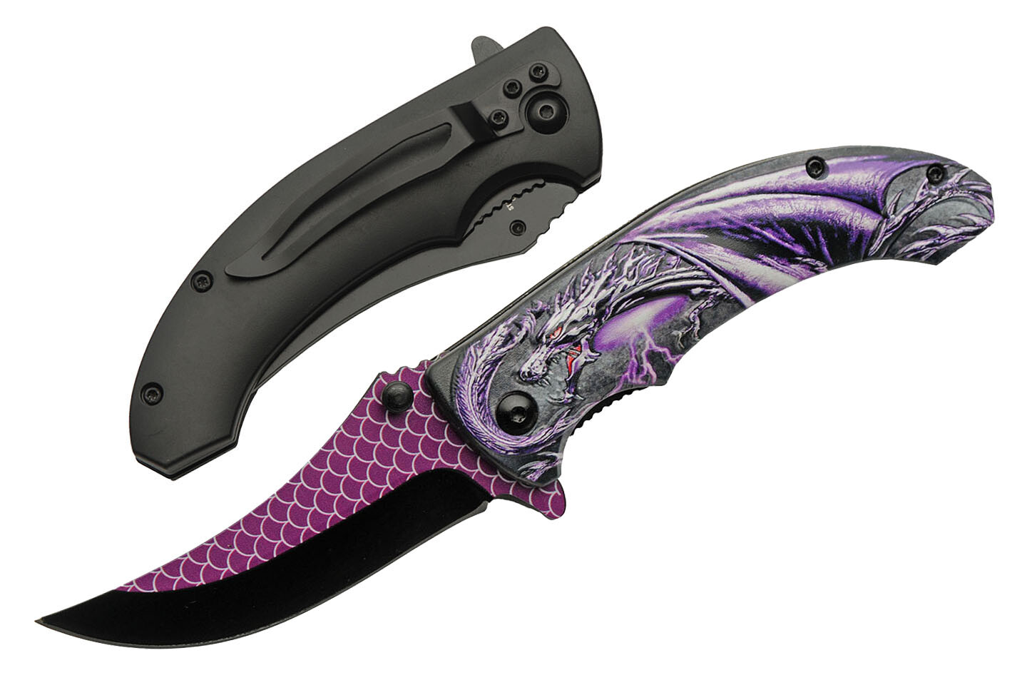 Folding Knife | Gray Purple Dragon Stainless Steel Clip Point Blade Tactical EDC