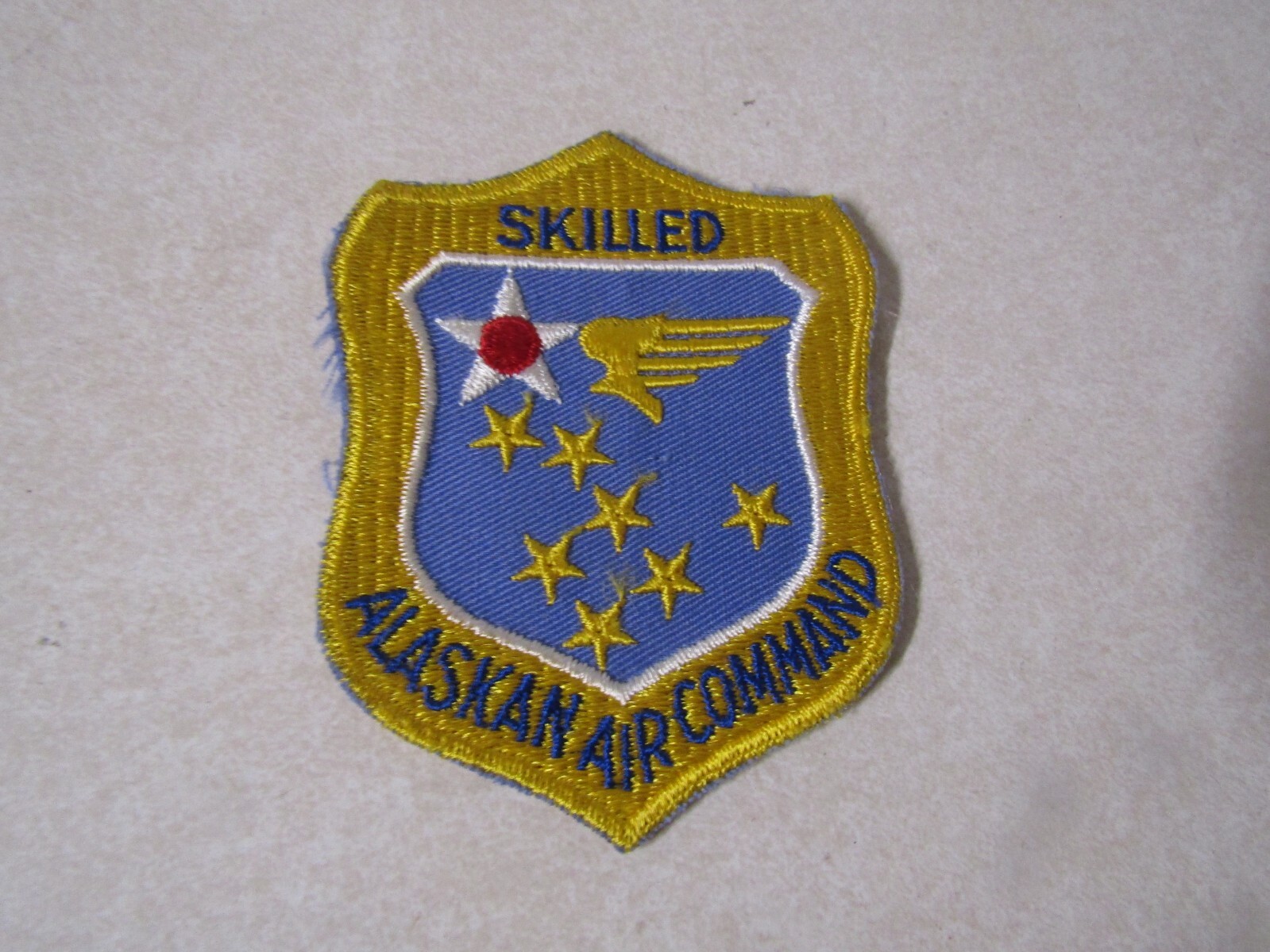 MILITARY PATCH OLDER US AIR FORCE SQUADRON ALASKAN AIR COMMAND "SKILLED" YELLOW