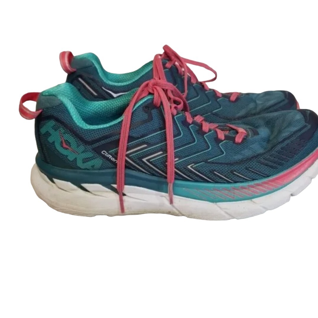Hoka One One Clifton 4 blue teal coral neutral womens sneakers 8.5