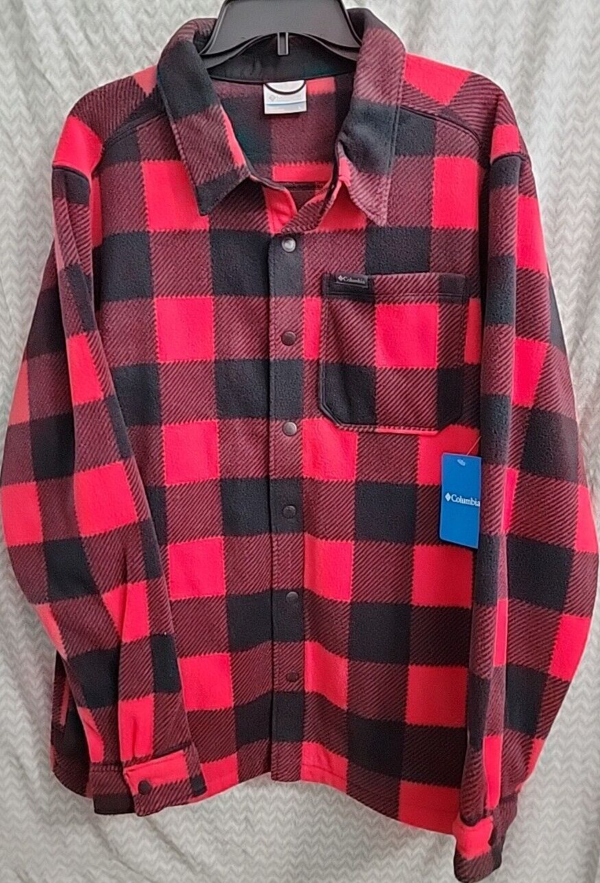 Columbia Steens Mountain Fleece Men's Large Shirt Jacket Buffalo Plaid Red Black