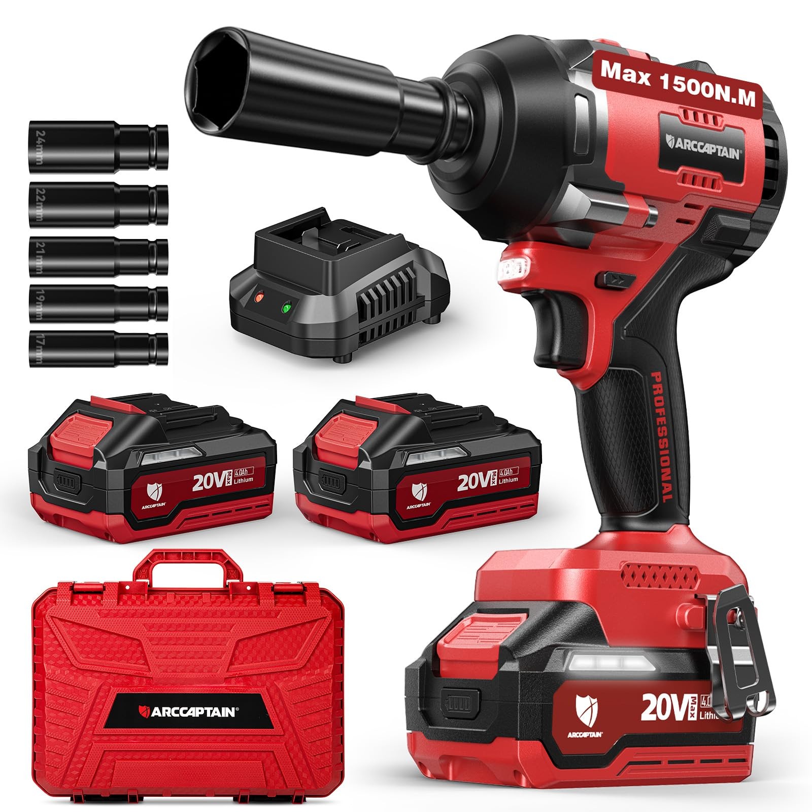 ARCCAPTAIN Cordless Impact Wrench, 1500N.m (1106Ft-lbs) 1/2" Black and Red