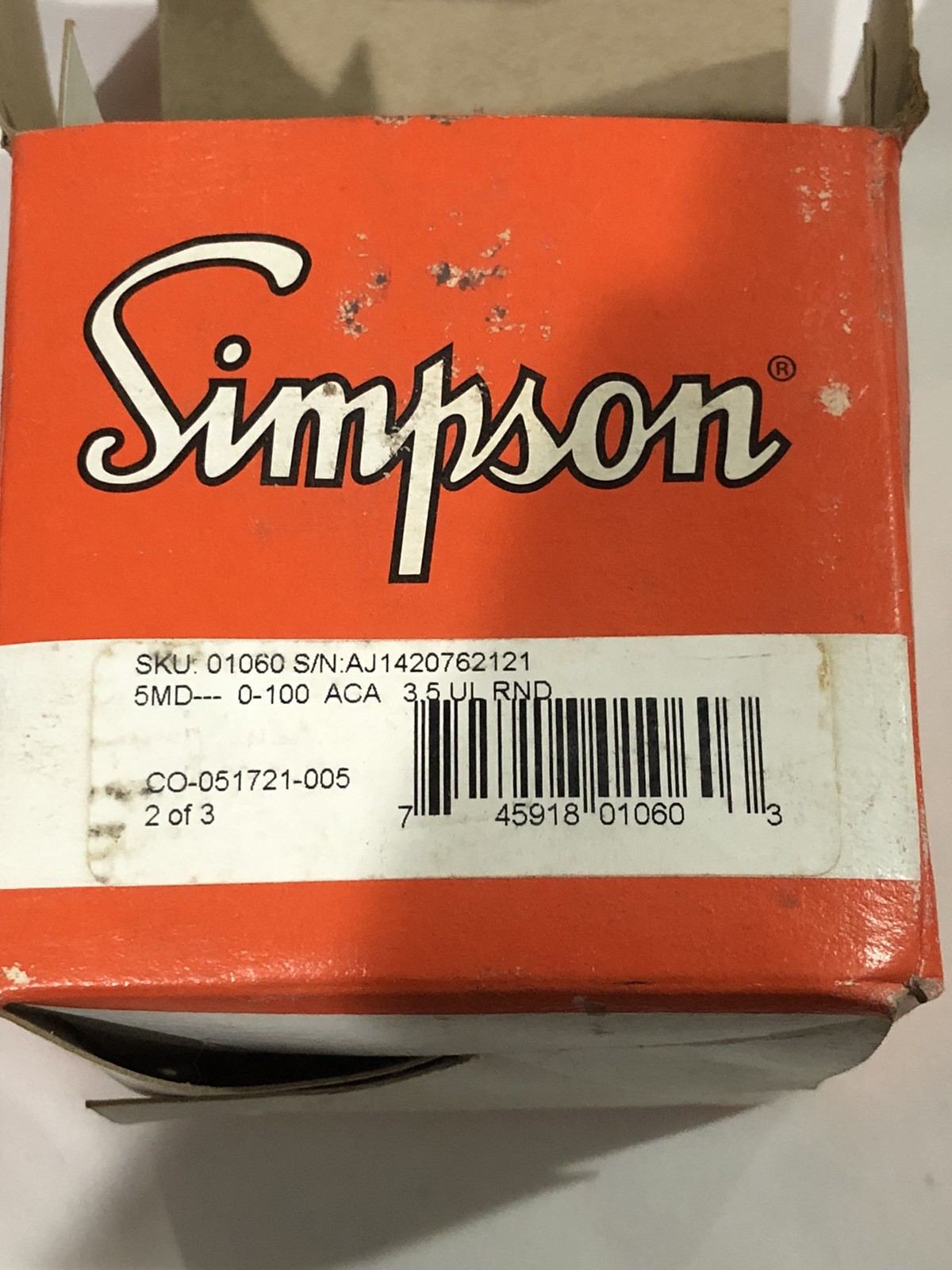 Simpson 01060 Analog Panel Meter AC Current 0A-100A Ammeter NOS New E-Mech 55