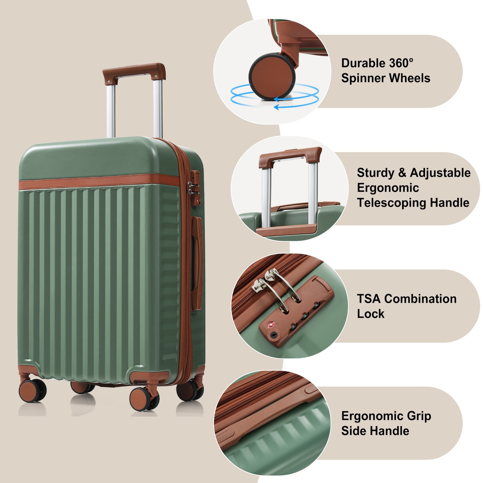 3Pcs 20" 24" 28" ABS Hardside Luggage Set w/ USB Port TSA Lock Expandable Green