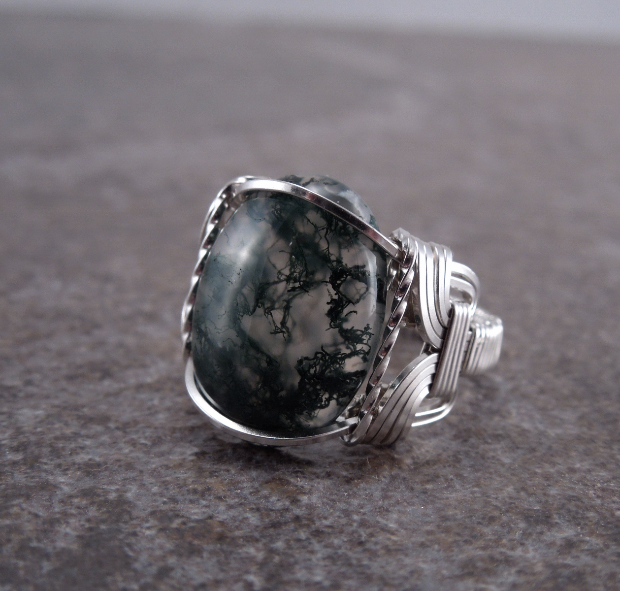 Sterling Silver Moss Agate Cabochon Wire Wrapped Ring