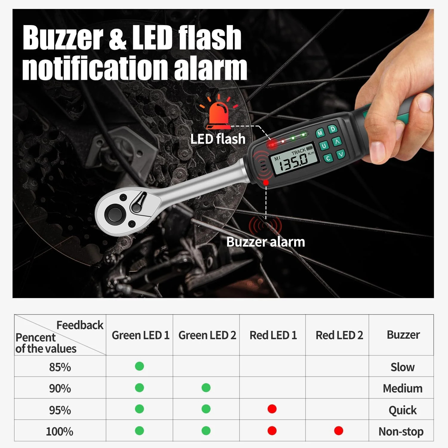 1/2" Digital Torque Wrench ±2% Accuracy (5-99.5 ft-lb) - Buzzer/LED Overload Ale