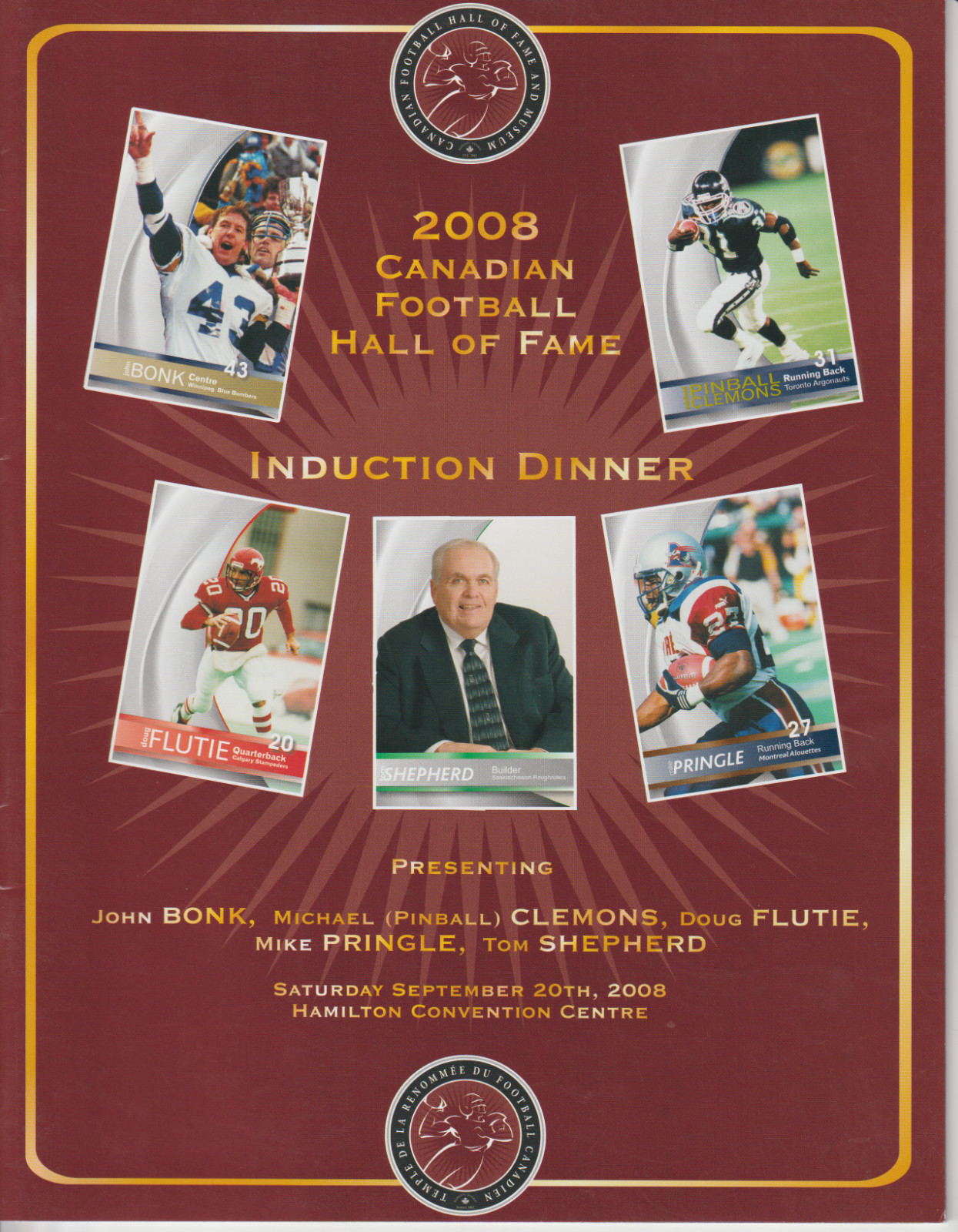 Canadian Football Hall of Fame Induction Dinner Program 2008 Doug Flutie Pringle