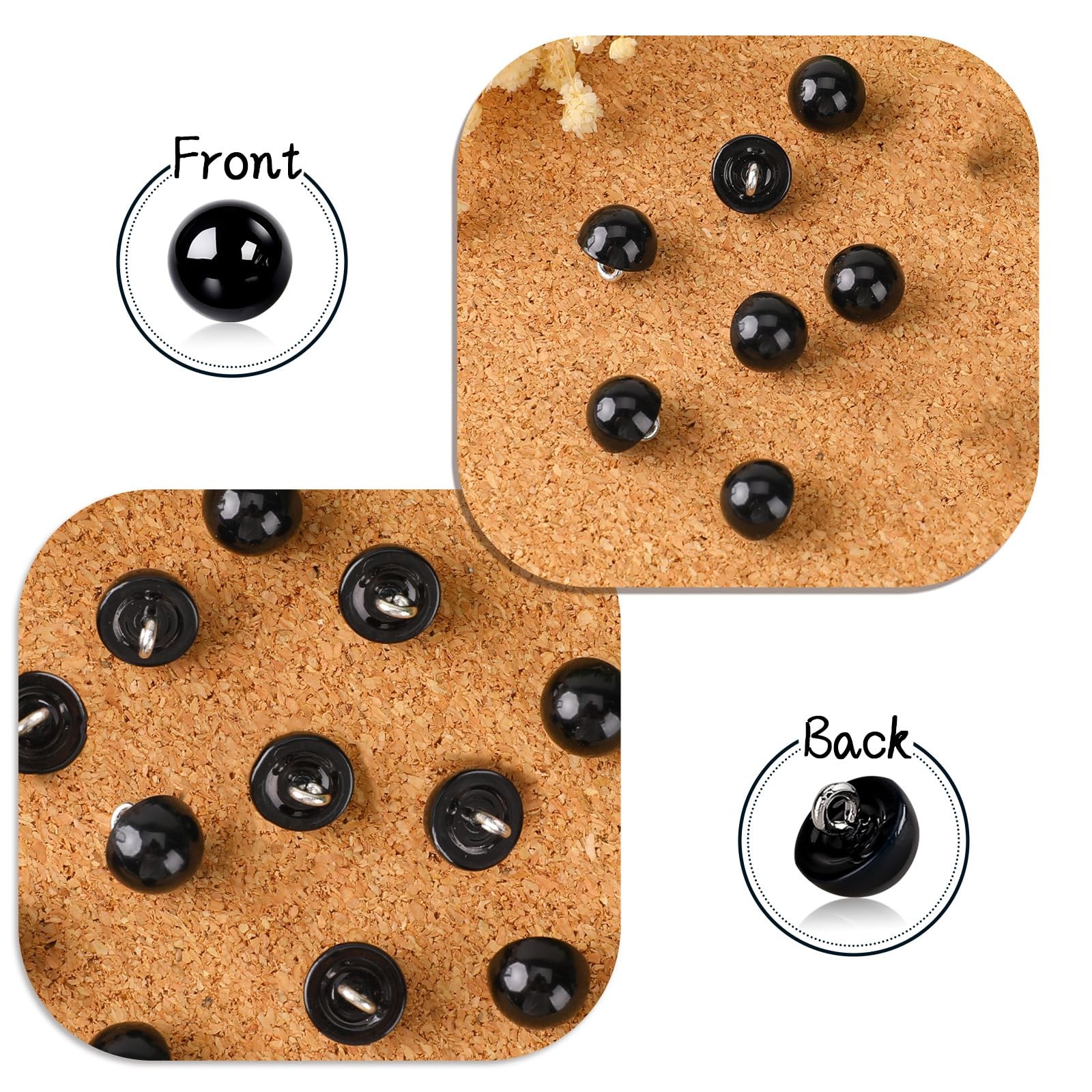 50Pcs 10mm Black Buttons - Round Pearl, Half Ball one size,