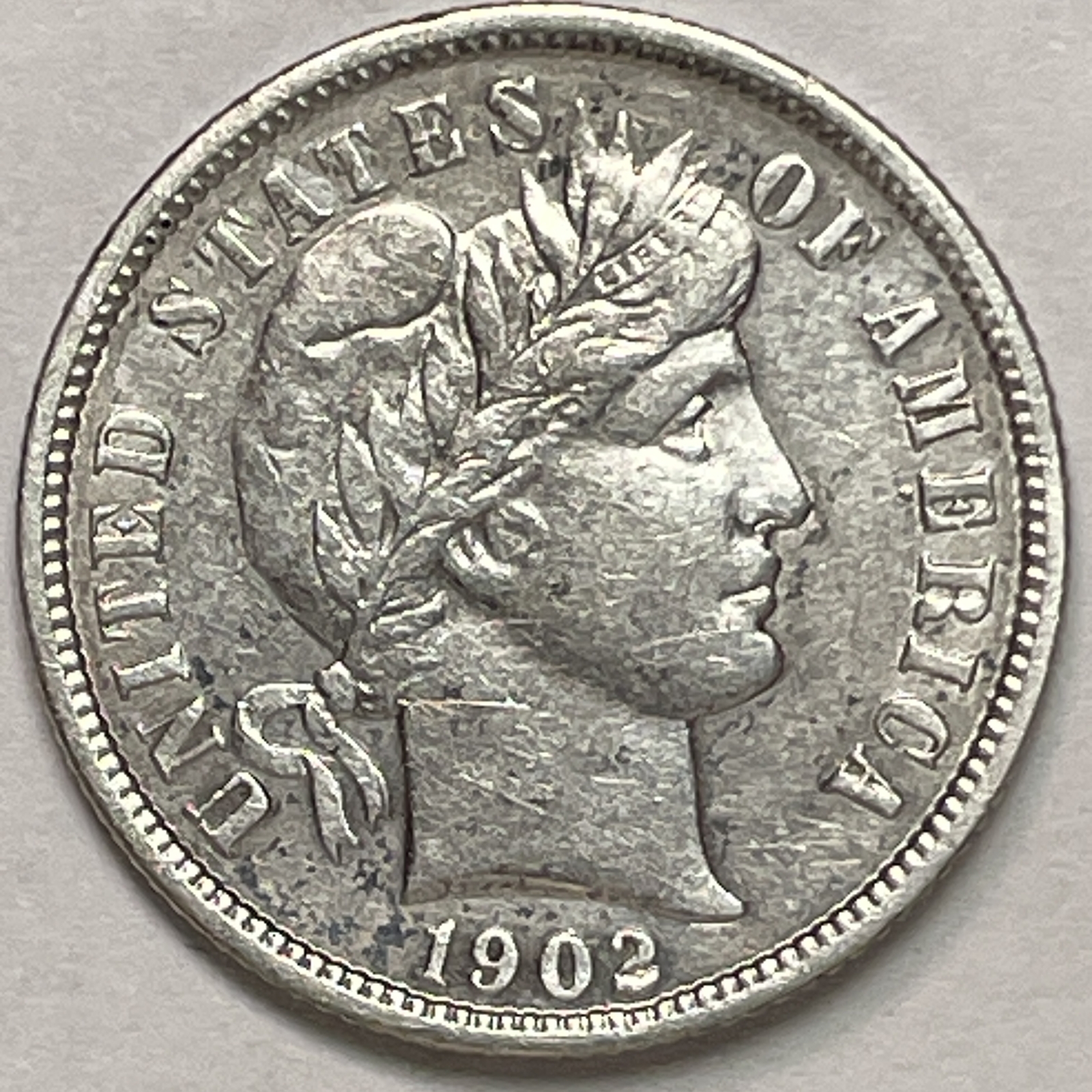 1902 Barber Silver Dime Almost Uncirculated AU Coin, Light Cleaning #11320