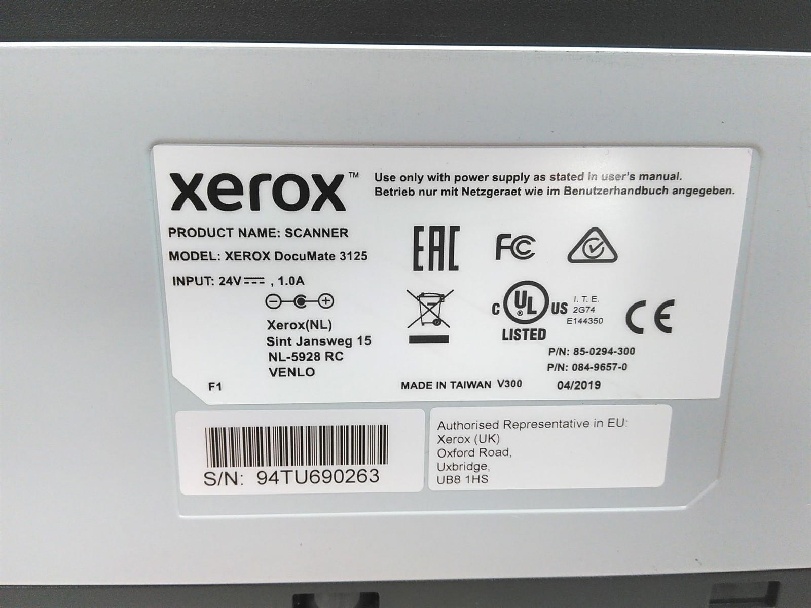 Xerox DocuMate 3125 Duplex Color Document USB Scanner No PSU