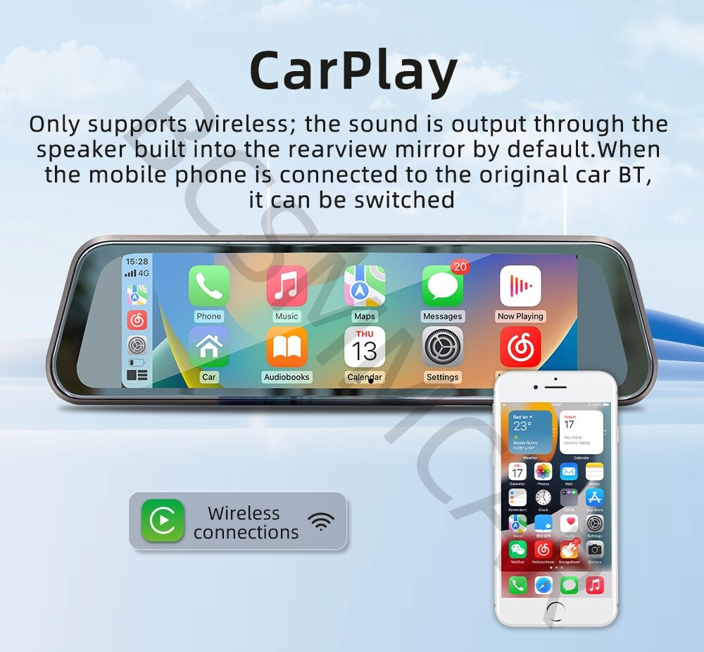 Car Mirror Dash Cam Recorder Reverse Rear View Parking System For Apple CarPlay