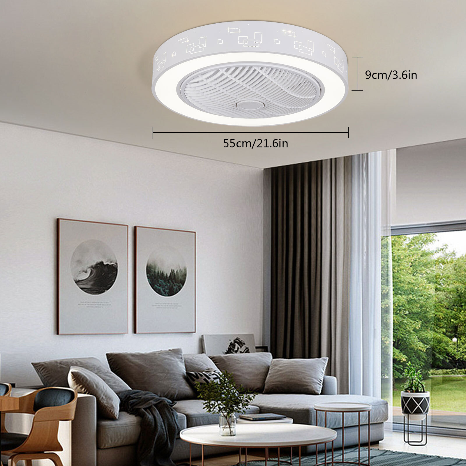 23" 3 Speed Ceiling Fan With LED Light Enclosed Low Profile Bladeless+Remote