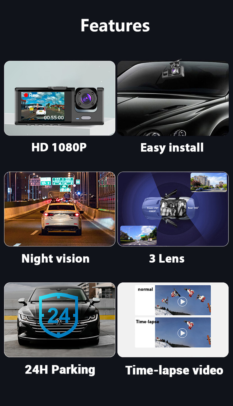 Front Rear Inside DVR Dash Cam with Night Vision & Loop Recording
