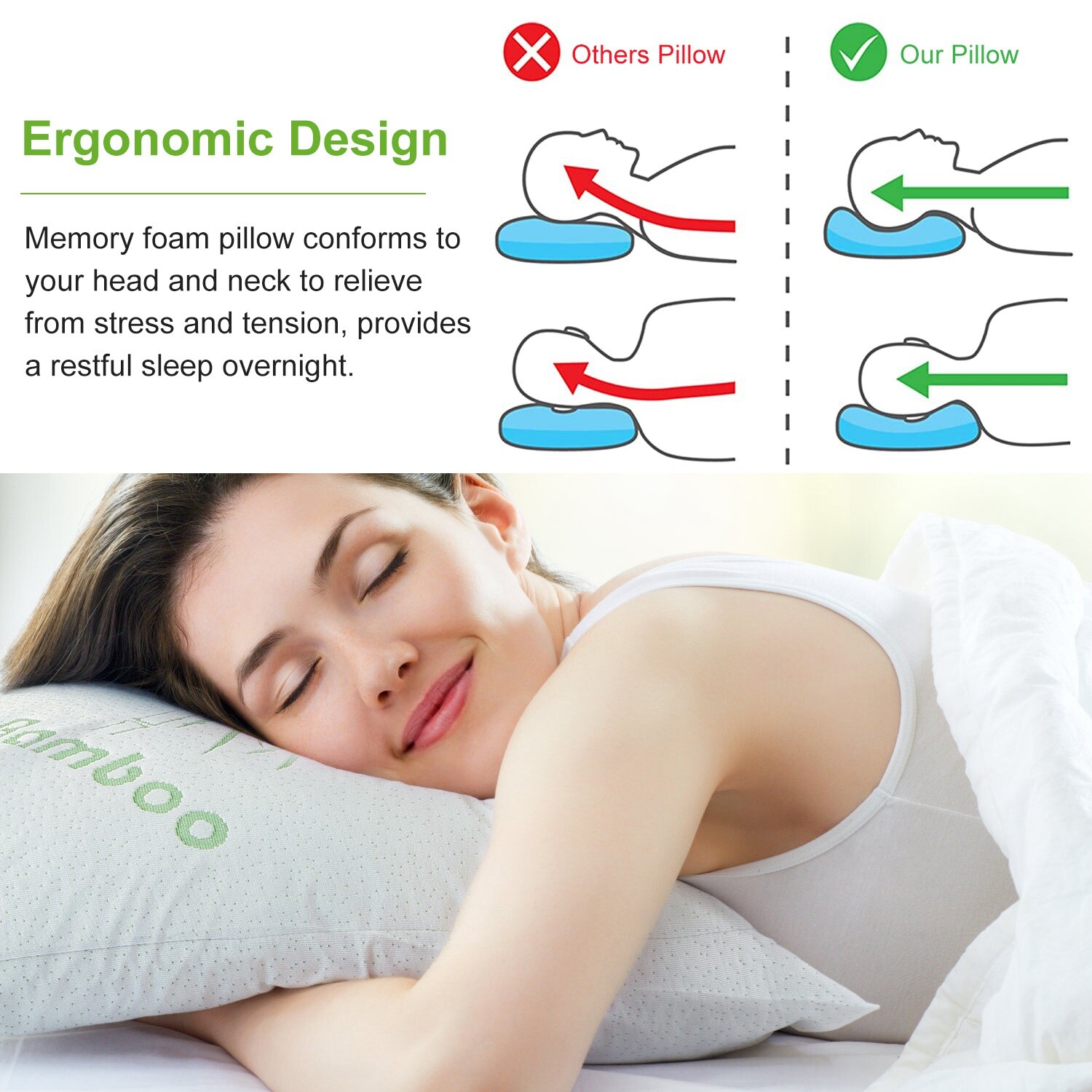Bamboo Pillows 2 Pack King Queen Size Memory Foam Pillows Cooling Bed Pillow