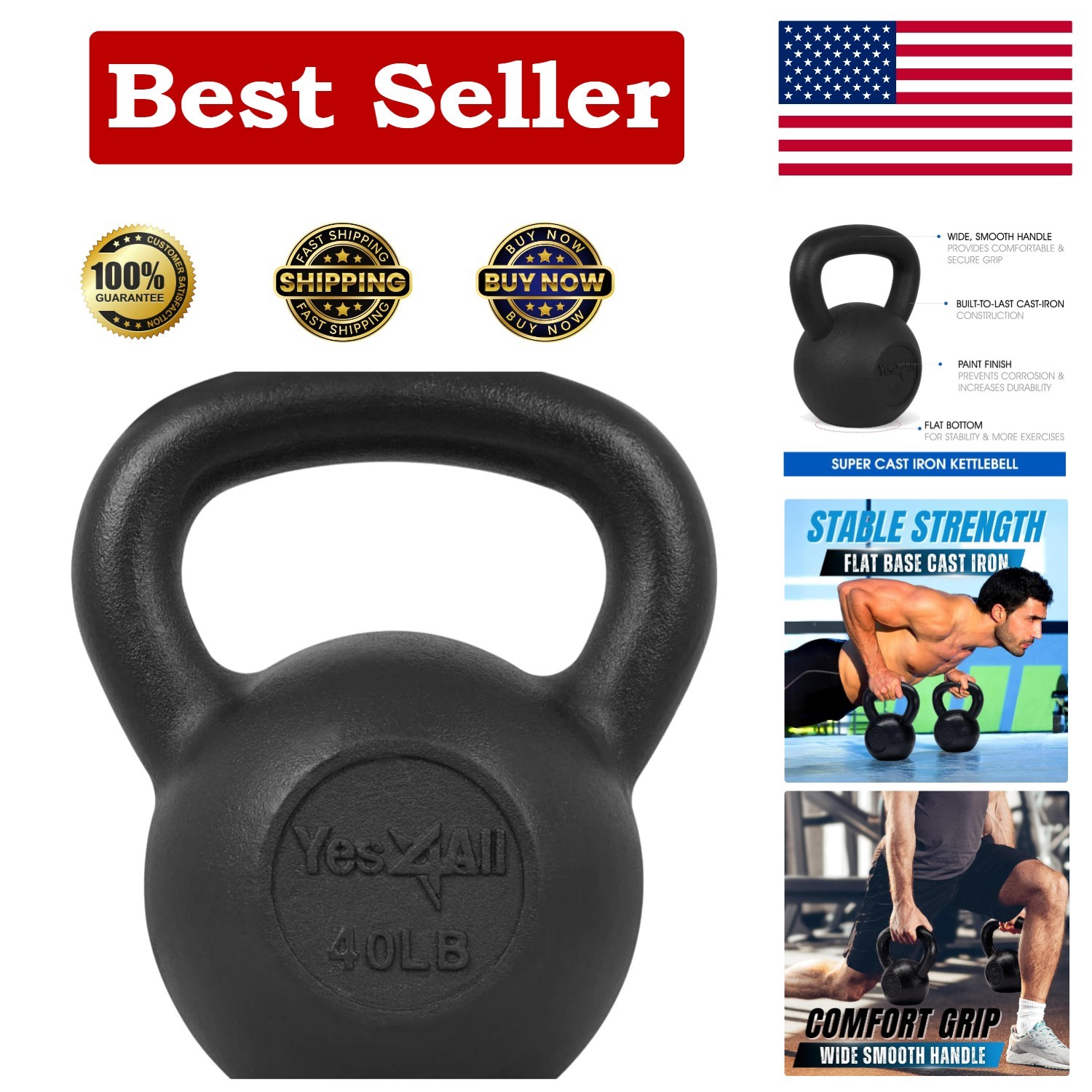 40 LB Heavy Cast Iron Kettlebell - Non-Slip, Portable & Perfect for Workouts