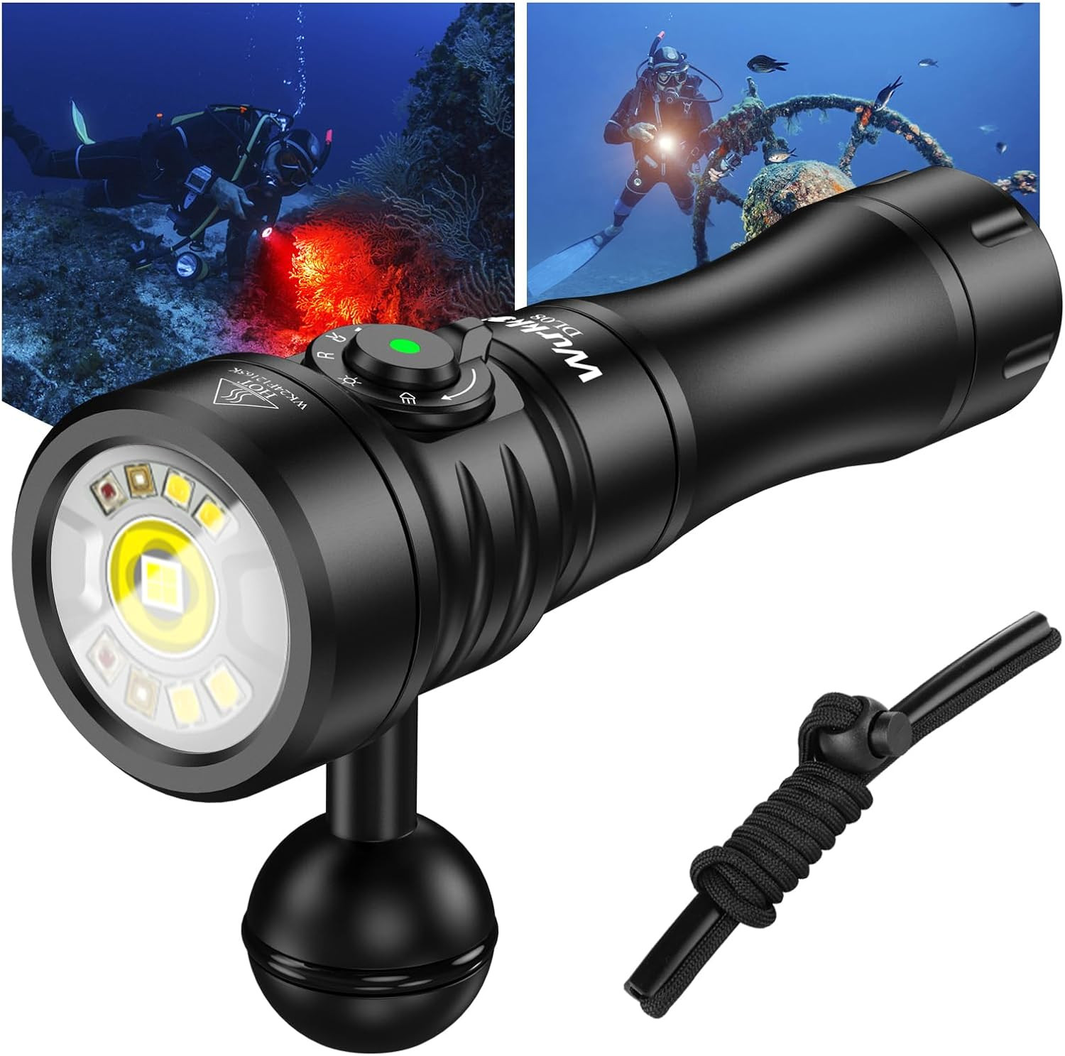 DL08 3600 Lumens Rechargeable Dive Light with Red/UV, IP68, 5000mAh Battery