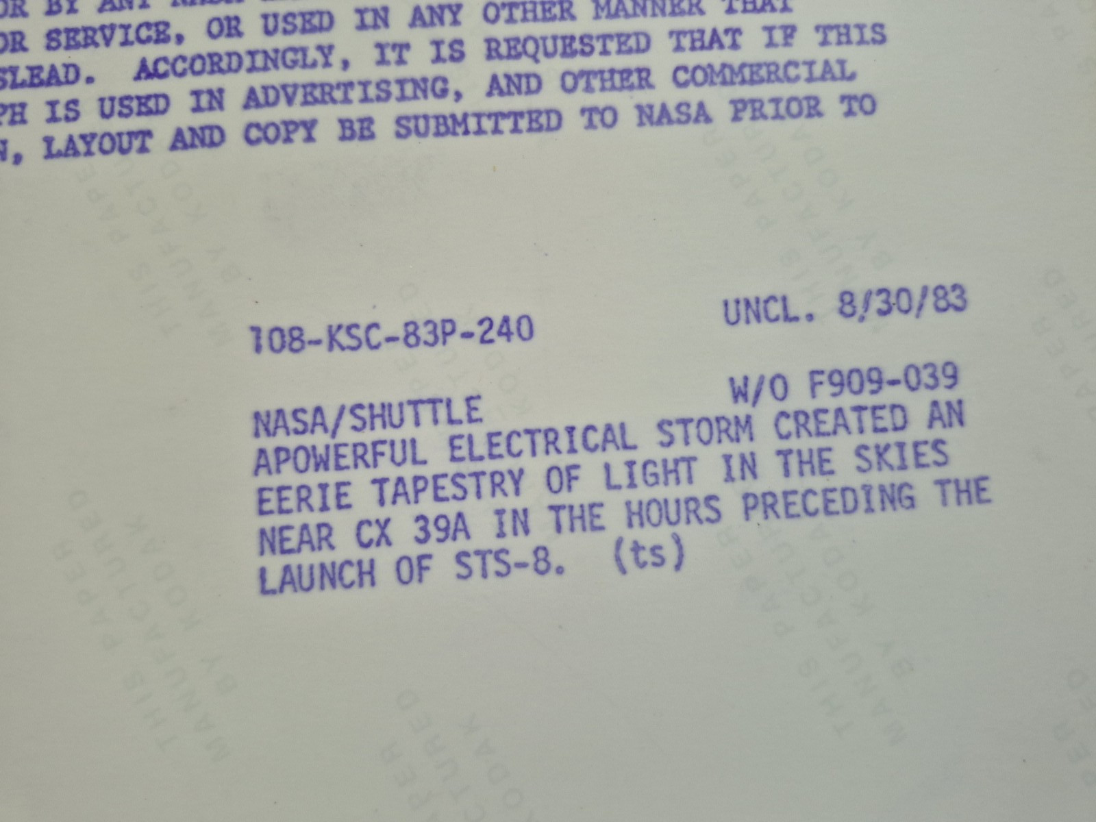 Original NASA Electrical Storm Lightning Pad 39A STS-8 Space Shuttle MIMEOGRAPH