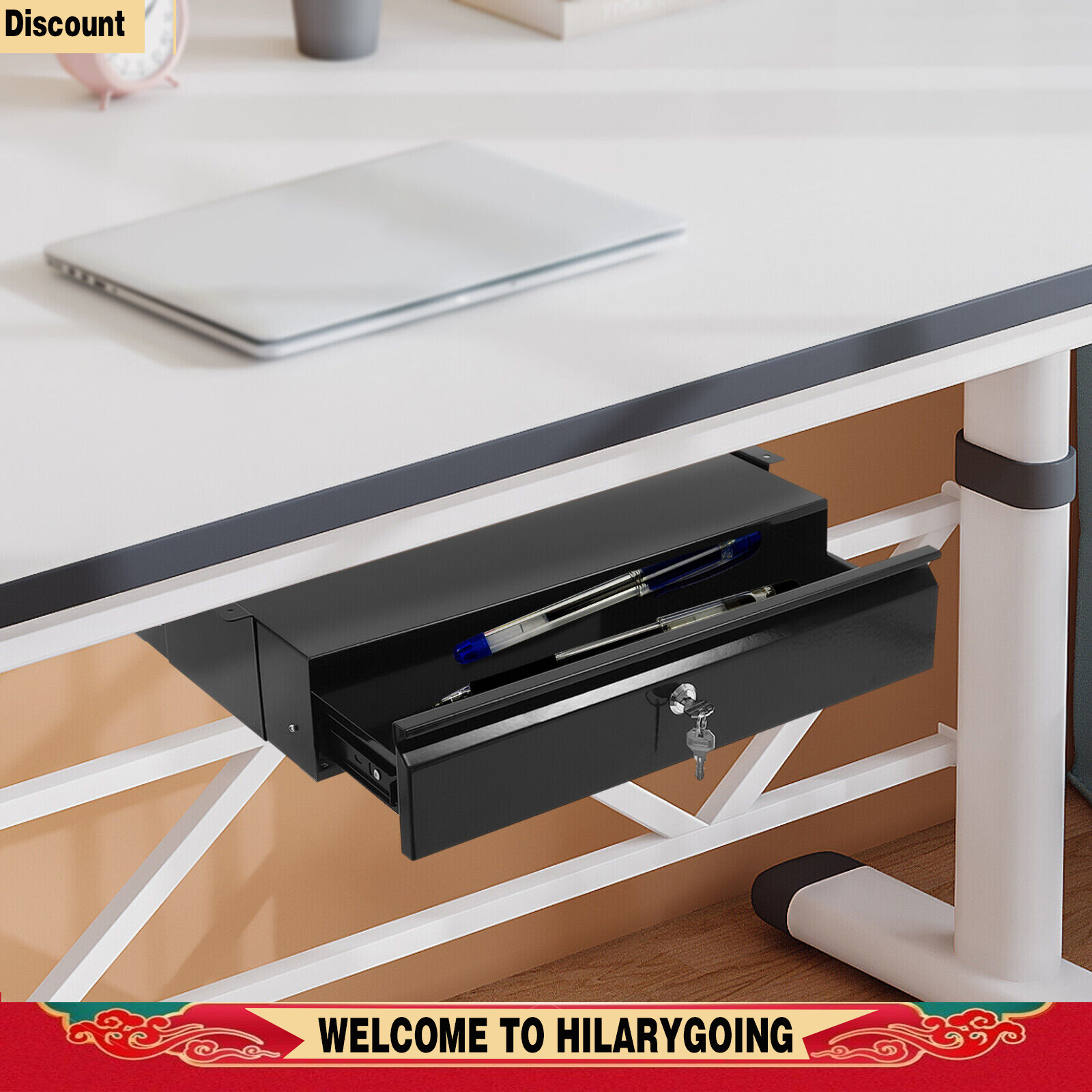 Slide Out Cabinet Drawer Pull Out Under Desk Drawer For Office With Lock Black