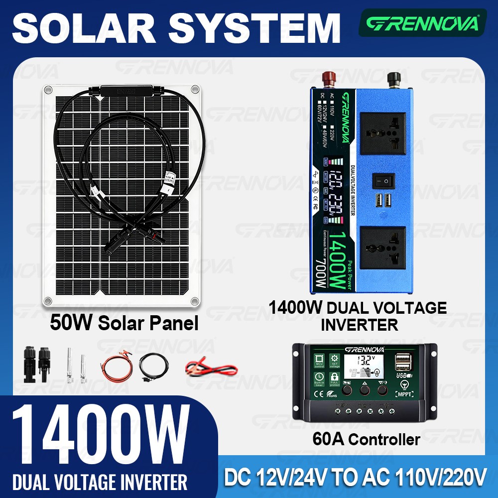 Grennova 1400W Solar System 50W Panel 12/24V To 110/220V Inverter 60A Controller