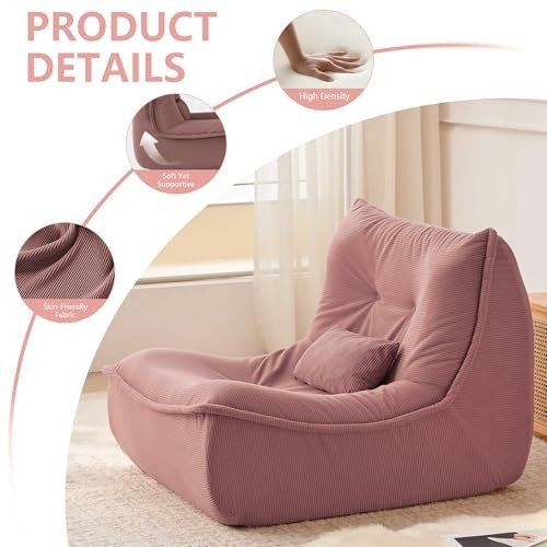 Bean Bag Chair for Adults, Single Lounge Chair with Lumbar Pillow, Comfy Pink