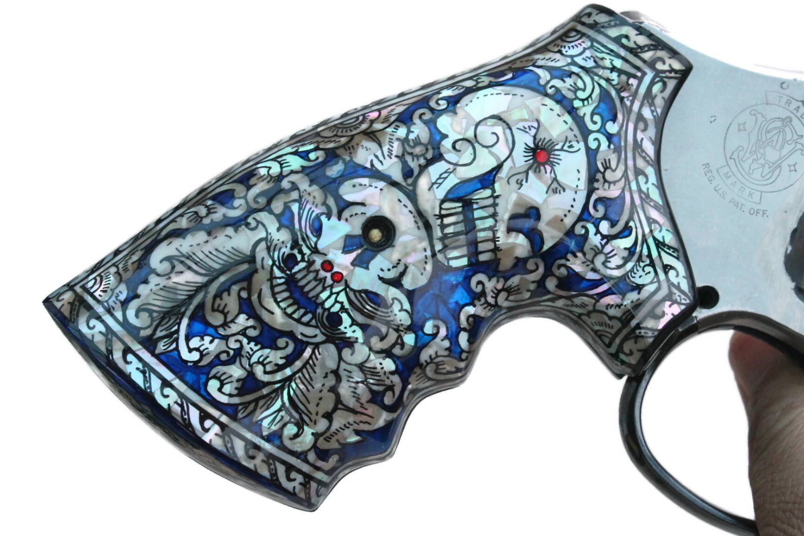 PEARL GRIPS FOR S&W N FRAME SQUARE/ROUND BUTT REVOLVER INLAY SKULL  ART BLUE