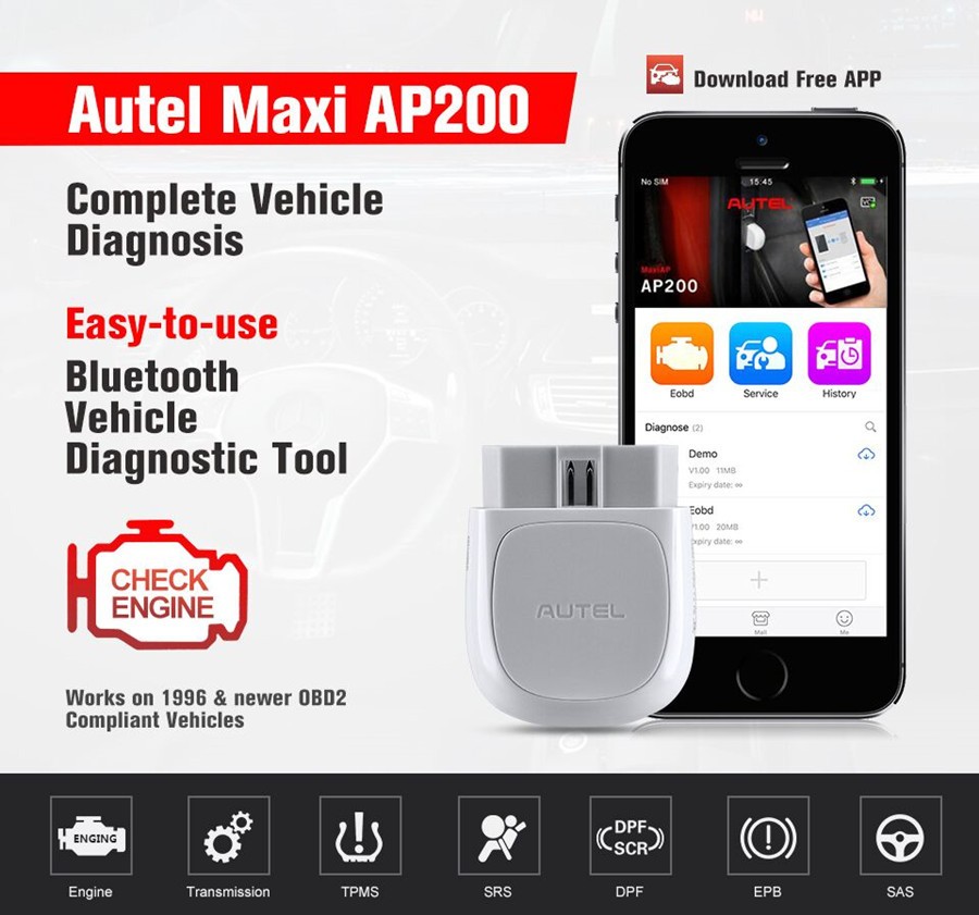 Autel MaxiAP AP200 Bluetooth OBD2 Scanner Code Full System Diagnostic TPMS IMMO