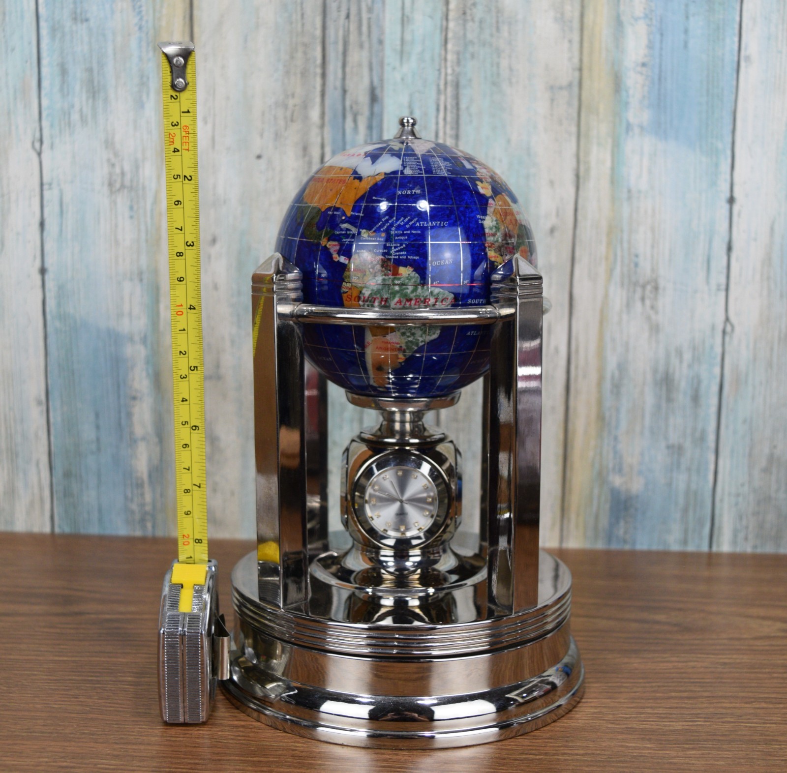 Caribbean Blue Gemstone Rotating Musical Globe With Clock & Thermometer
