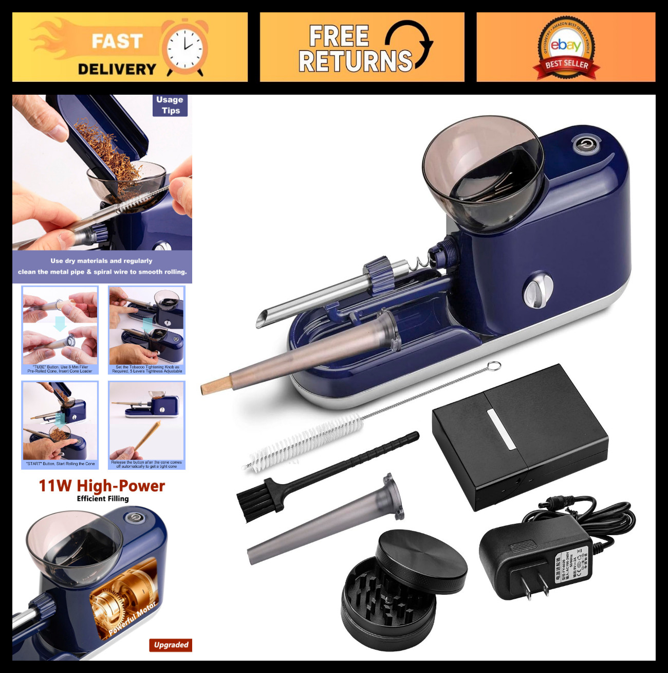 Automatic Electric Pre Roll Machine & Manual Grinder, Cone Filler + Metal Case