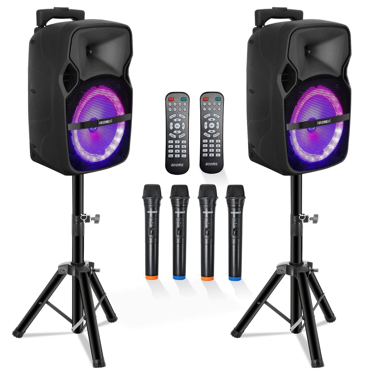 5Core Party Speaker 2pc Bluetooth 250W Rechargeable Outdoor PA DJ System w 4 Mic