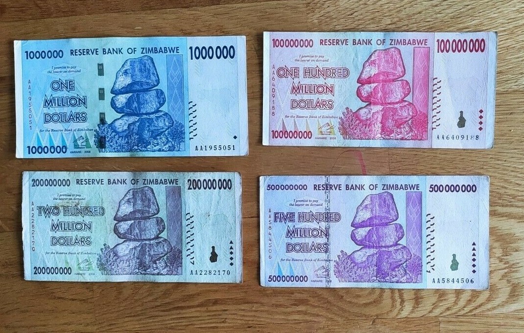 Zimbabwe million dollars banknotes set of all 4 (1,100, 200, 500 million) used