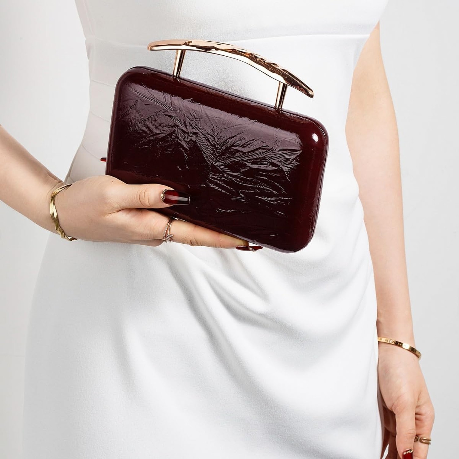 PU Leather Sculptural Mental Top Handle Cultch Bag Chic Stylish Square Purse ...