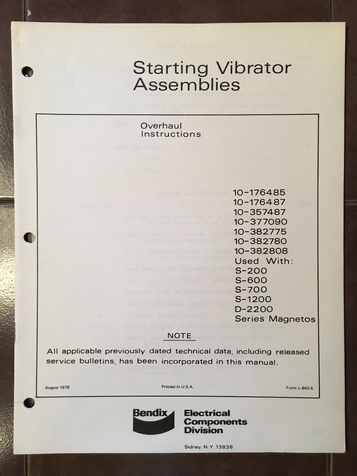 Bendix Starting Vibrator Assemblies Overhaul Instructions Manual.