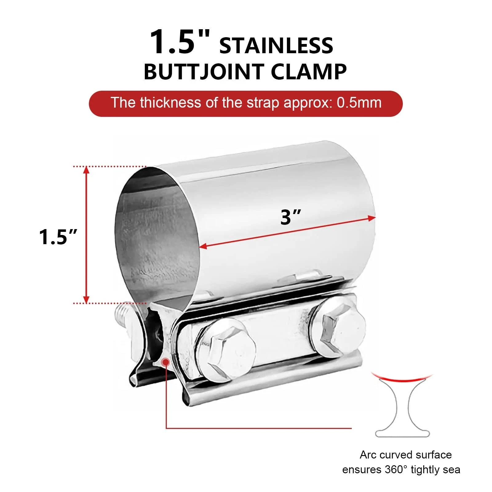 2pcs 1.5 Inch Exhaust Clamp Butt Joint Band Clamp Muffler Sleeve