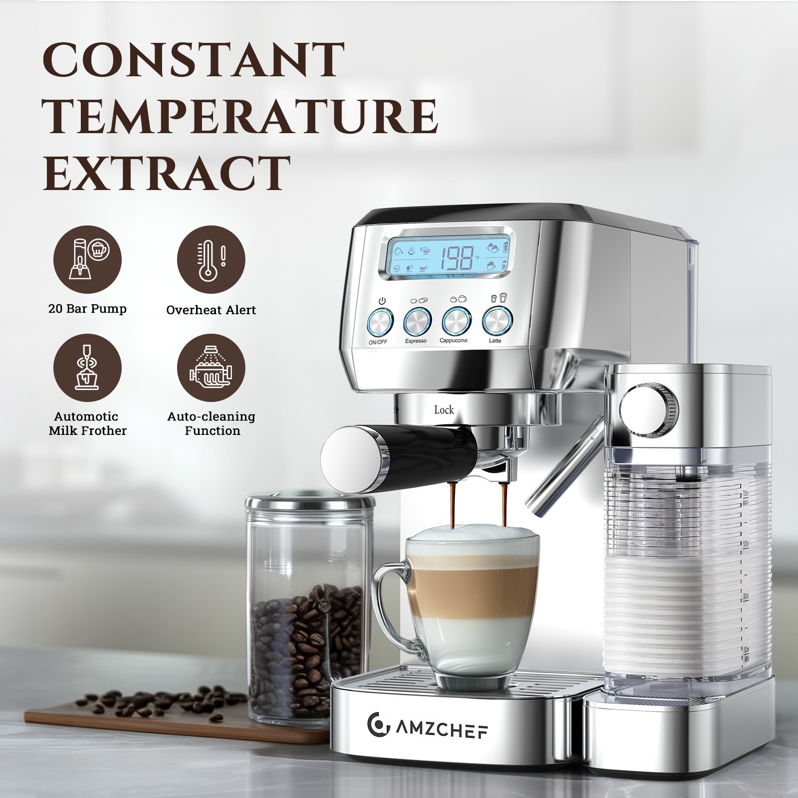 20-bar Amzchef Espresso Machine - LCD Display Automatic Milk Frother Double Wall