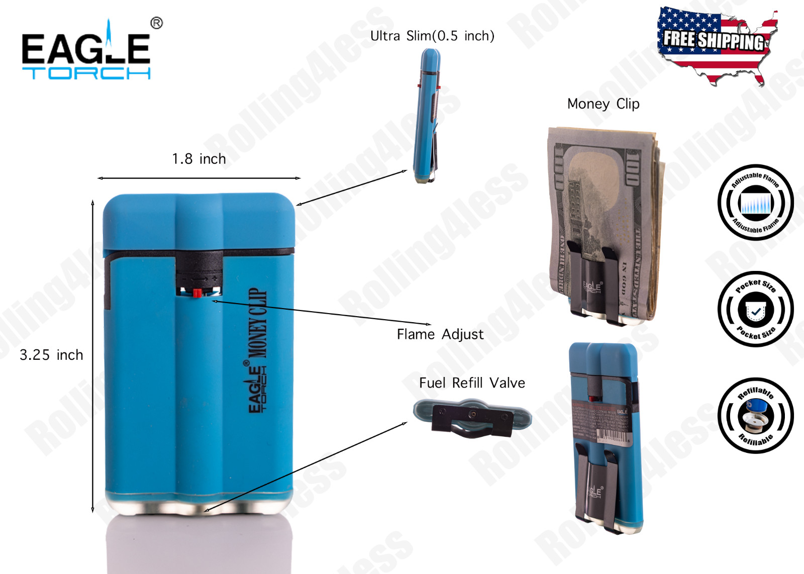 4 Pack Eagle Torch Neon Color Ultra Slim Butane Refillable Torch Lighter