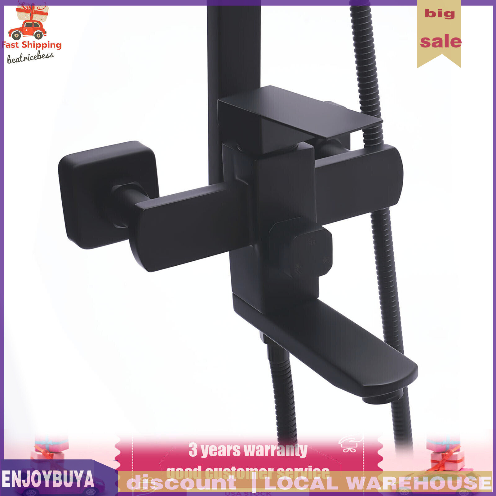 Shower Faucet Set System Rainfall Shower Head Handle Combo Kit Wall Mount Black
