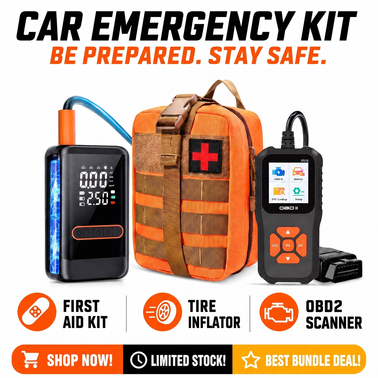 3in1 Car Emergency Kit 378Pcs First Aid Kit & Cordless Tire Pump & OBD2 Scanner