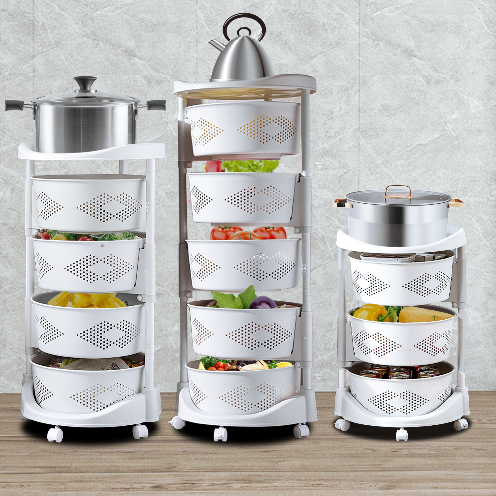 Kitchen Storage Cart Rotating Basket Vegetable Rack Multi-Layer Storage Shelves