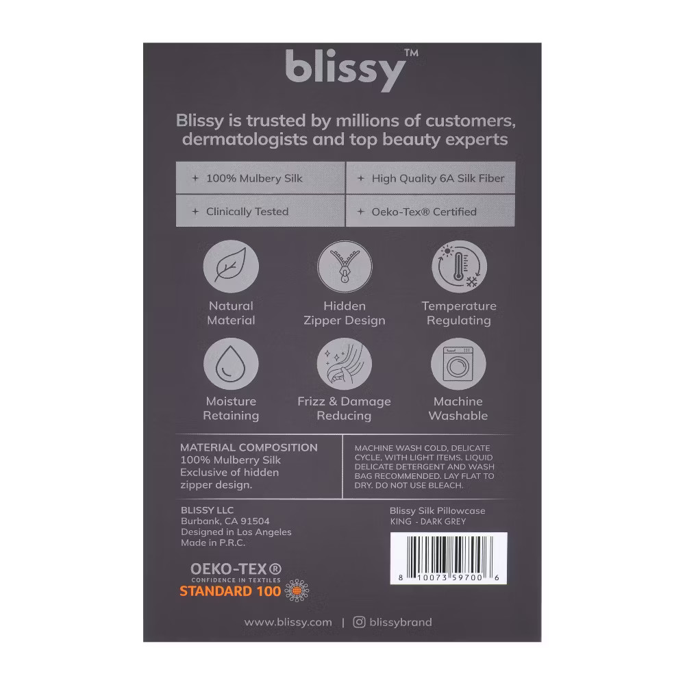 Blissy King 600 Thread Count Silk Pillowcase Dark Gray