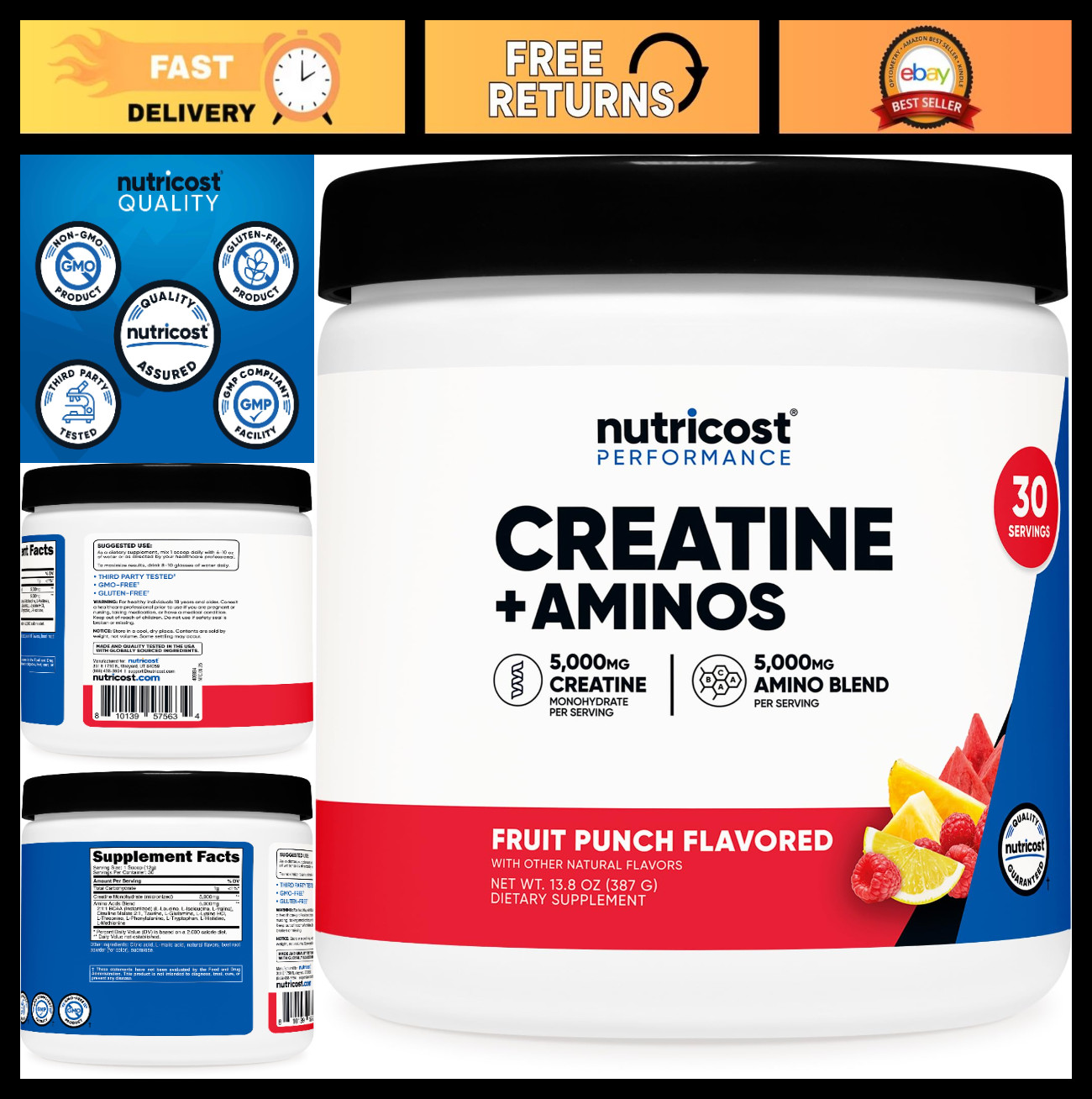 Creatine Monohydrate & BCAA Amino Acids Blend - Fruit Punch, 30 Servings, 10g Pe