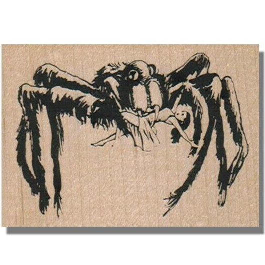 Wood Rubber Stamp, Spider With Lady, Halloween,Horror Movie,Monster,Insect,Scary