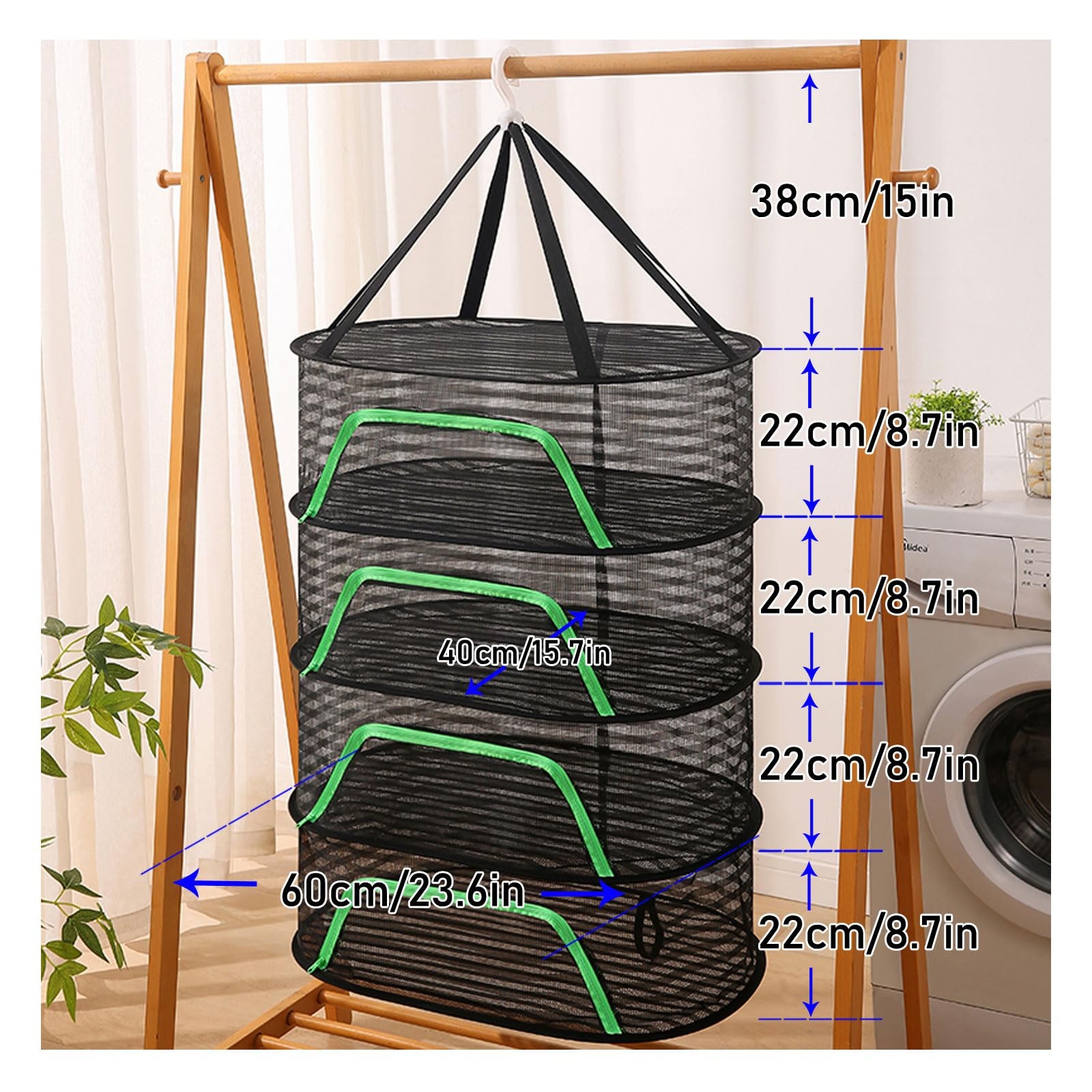 szgwtk Herb Drying Rack 4 Layer Hanging Design with Green Zippers for Dehydra...