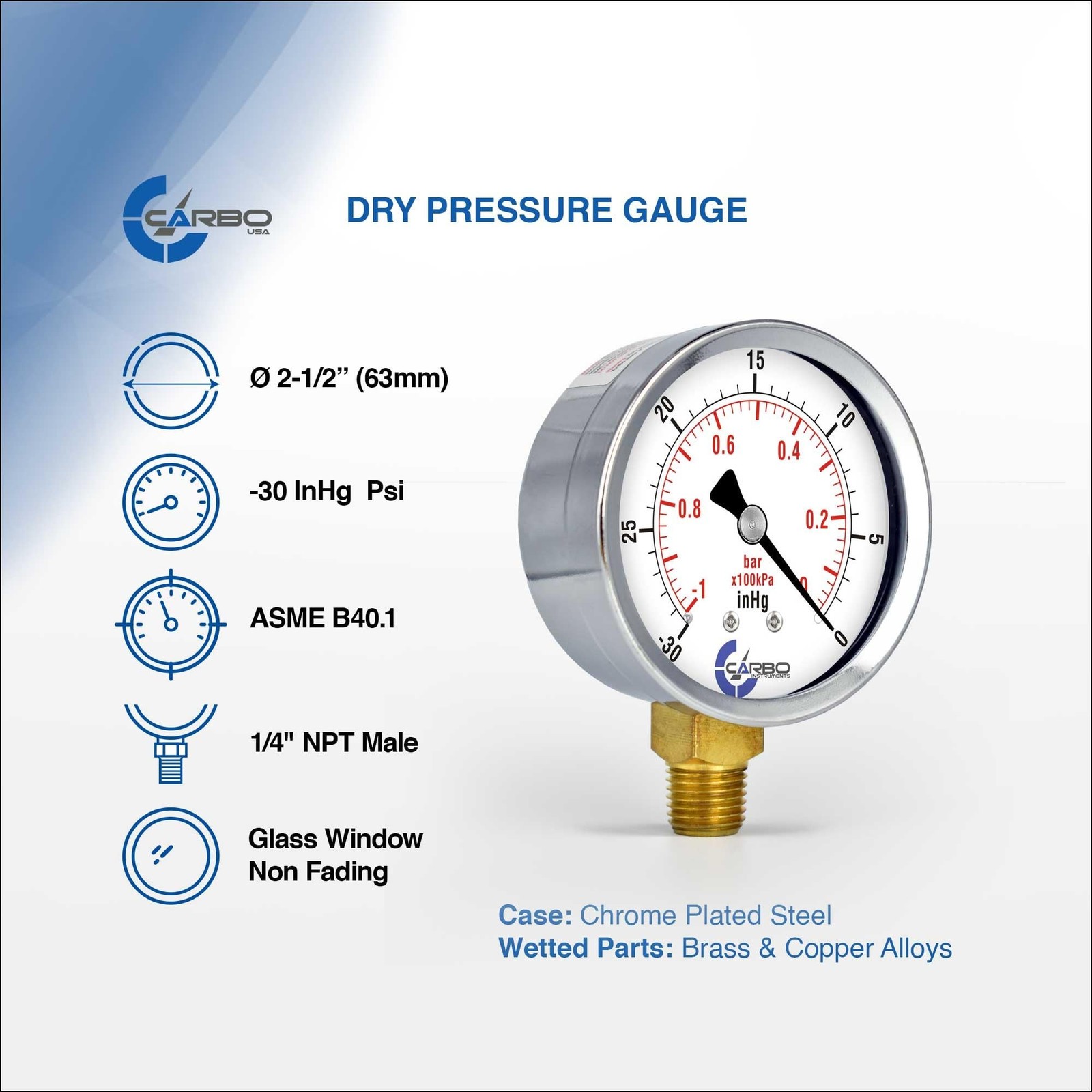 2-1/2" Pressure Gauge, Chrome Plated Steel Case, Dry, Vacuum -30 Hg/0, Lower ...