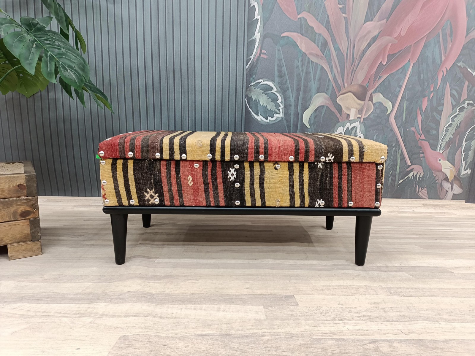 Kilim Storage Ottoman Handmade Wood Bench Upholstered Entry Organizer